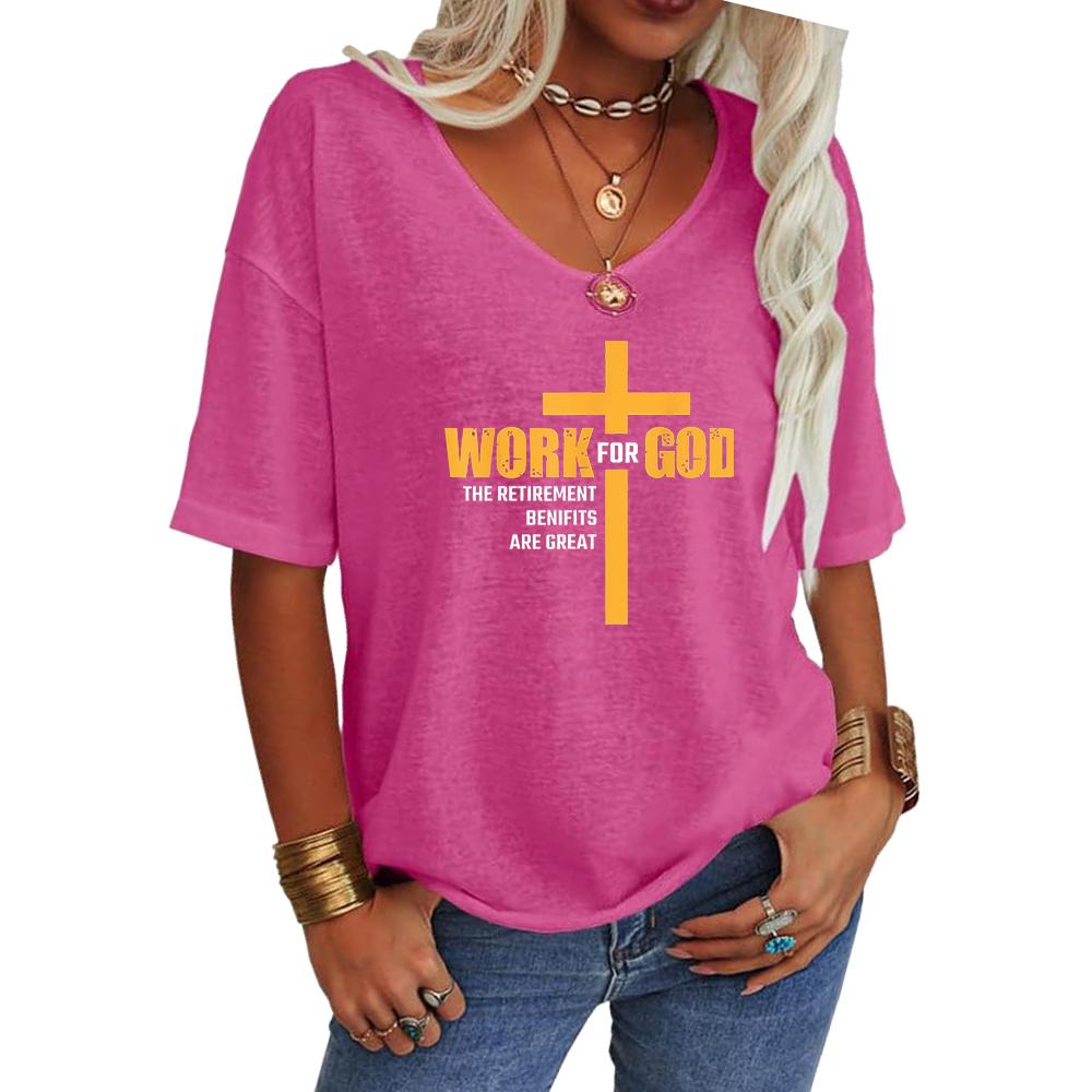 Women Fashion V Neck Tee Shirt Summer Casual Short Sleeve Top Loose Letter Print T-shirt