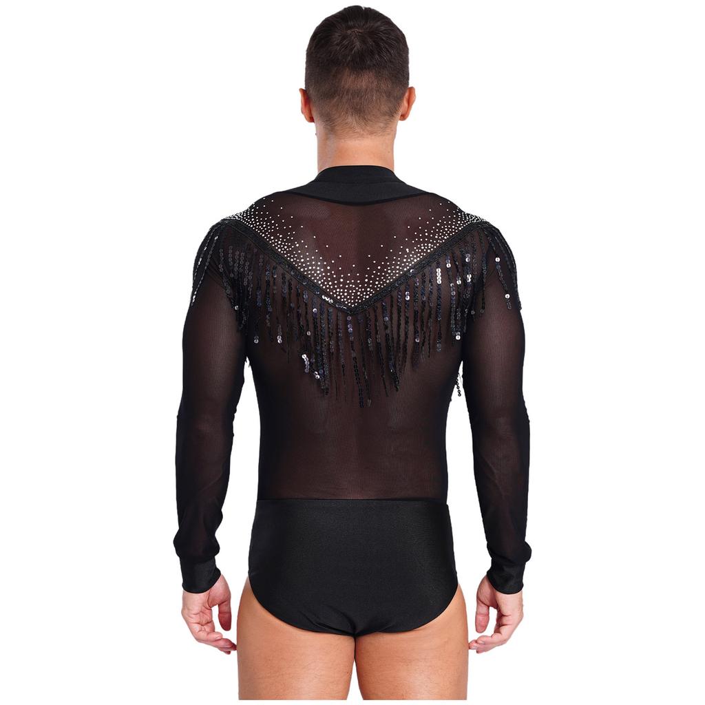 Mens Tassels Jazz Latin Dance Leotard Deep V-neck Sheer Mesh Patchwork Shiny Sequined Rhinestones Ballroom Shirts Bodysuit Rumba