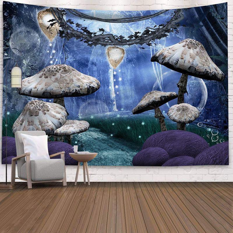 Mushroom Forest Tapestry, Peach Skin Velvet Background Fabric, Polyester Digital Printing Wall Carpet, Room Decoration Hanging Fabric