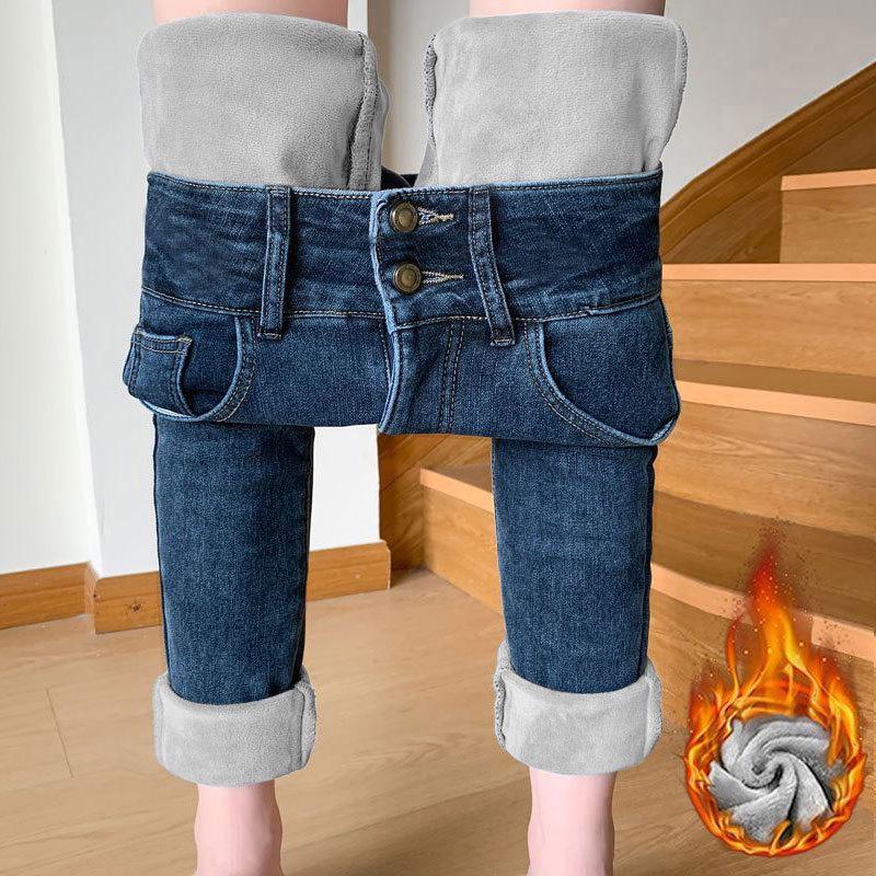High Waist Plush Jeans for Women - Elastic Slim Fit, Double Buckle, Thick, Warm, Nine-Point Blue-Gray Pants for Autumn and Winter.