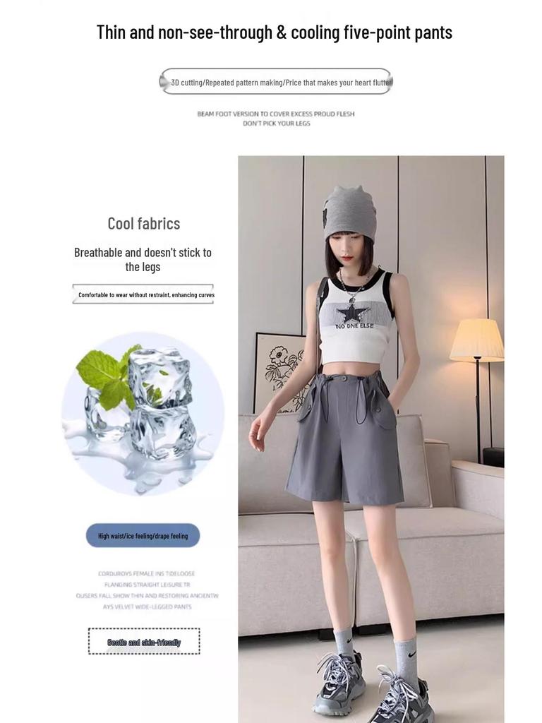 Women's Retro Multi-Pocket Cargo Shorts - Trendy Wide-Leg, Casual Mid-Length Design