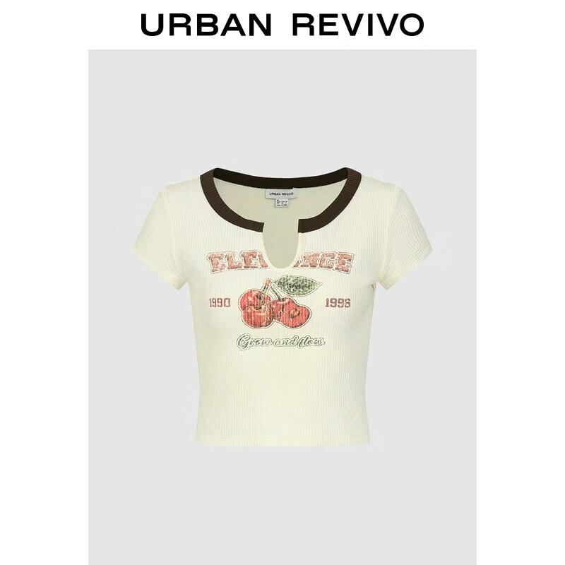 UR2026 Women s Casual Color Block Print Crop U-Neck T-Shirt L