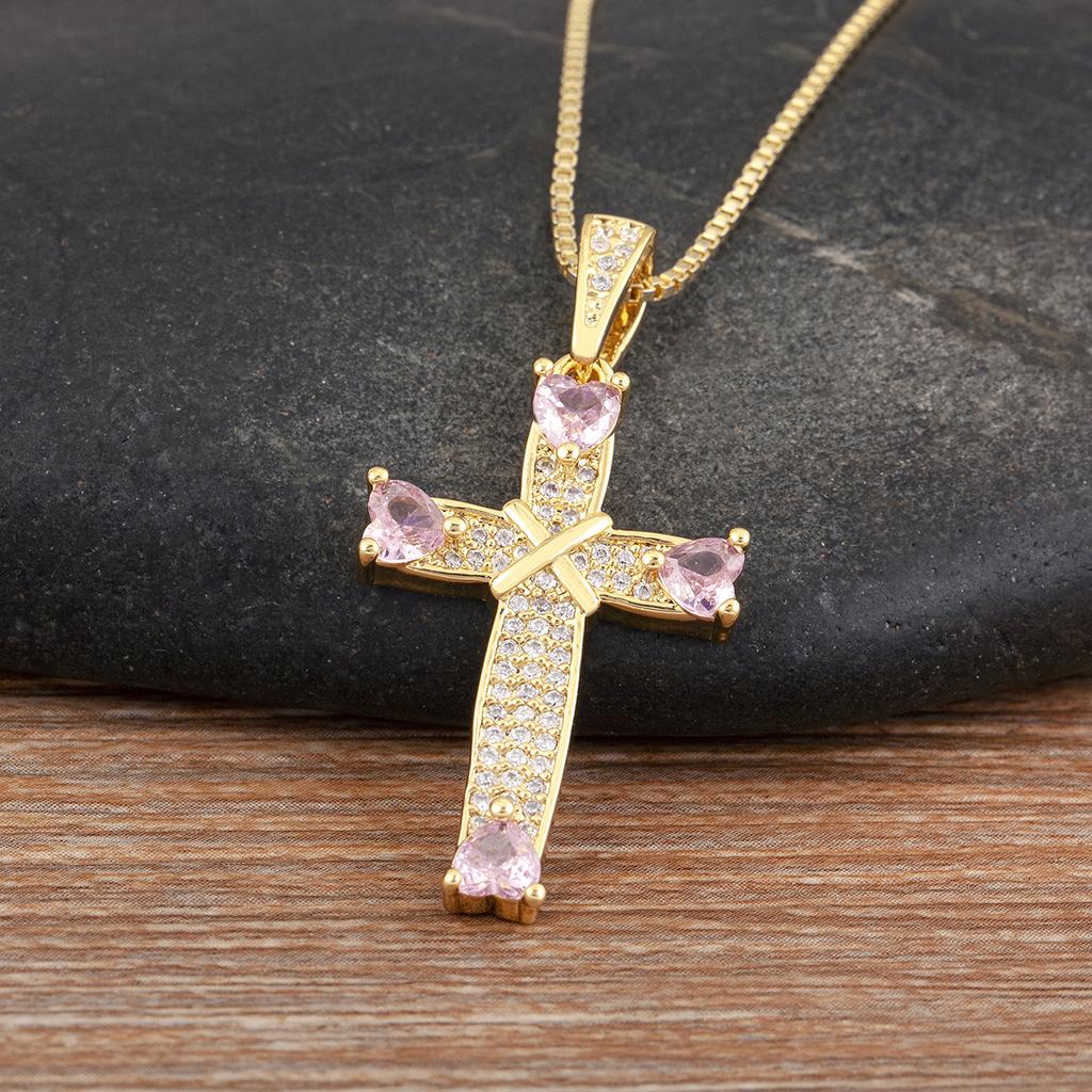 Nidin New Trendy Heart Shape Rhinestone Jesus Cross Pendant Necklace For Women Men 5 Colors Choice Clavicle Chain Jewelry Gifts