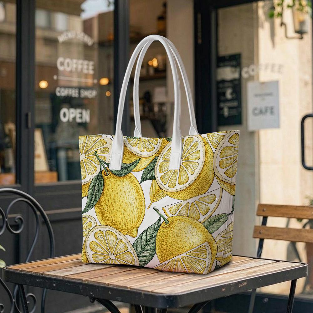 Lemon Print Tote Bag Stylish Large Capacity Handbag for Daily Outdoor Shopping