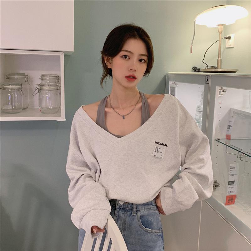 

Women s V Neck Oversized Sweatshirt, Casual Loose Long Sleeve Pullover Top Cotton Blend Y2K Streetwear L серый ясень