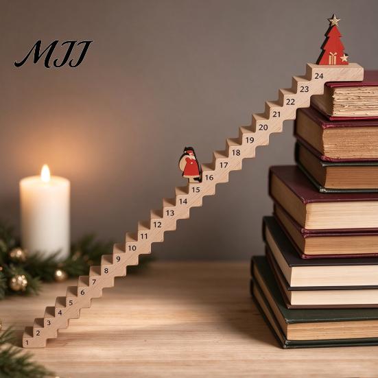 Reusable Wooden Calendar Christmas Staircase Countdown Calendar, Ornament with Santa Claus Gift for Kids Doll, 24 Days Advent Holiday Bookshelf