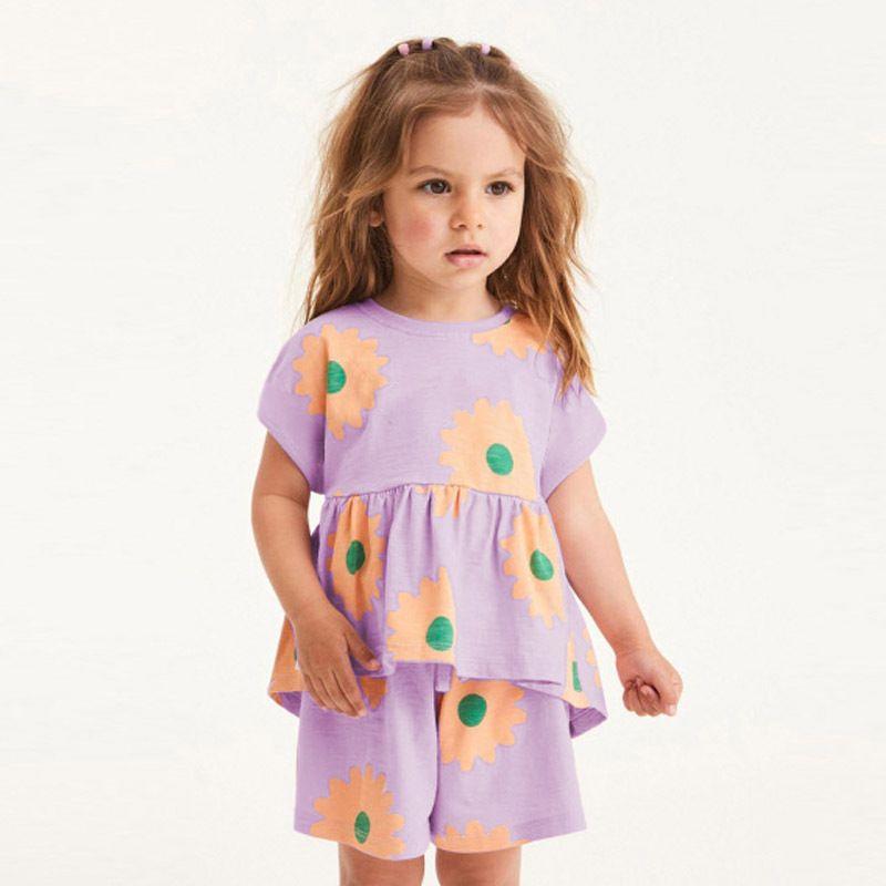 

Girls Short-Sleeved Suit 2025 Spring/Summer New Arrival Sweet Fresh Kids Baby 100% Cotton Coat Shorts Two-piece Set Light purple(8322) 140cm