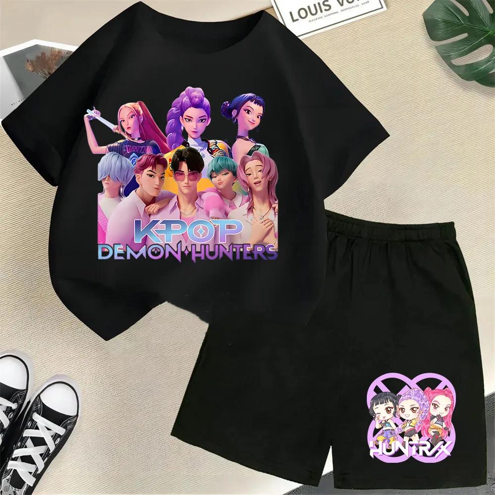 Moda Informal Estampado 3D Infantil Ola Coreana Cazador de Demonios Película Dibujos Animados Niños y Niñas Conjunto de Manga Corta