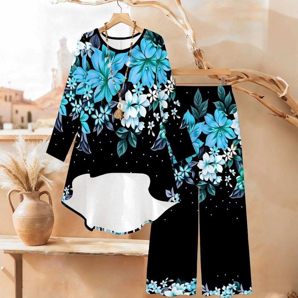 Floral Print Print Two Piece Outfit Women Long Sleeve Irregular Hem Tunic Top Wide Leg Pants Casual Matching Set