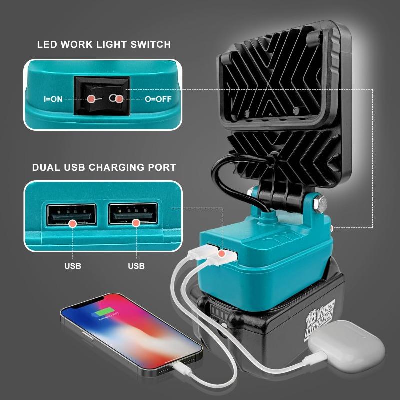 Portable LED Work Light Construction Site Floodlight for Makita/Milwaukee 18V Batteries with Dual USB Ports for Outdoor Camping