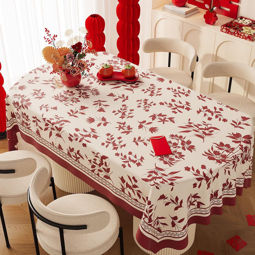 Wedding Festive Red Tablecloth Waterproof And Oil-Proof Leave-In Light Luxury High-End Coffee Table Tablecloth Cover Red Meal