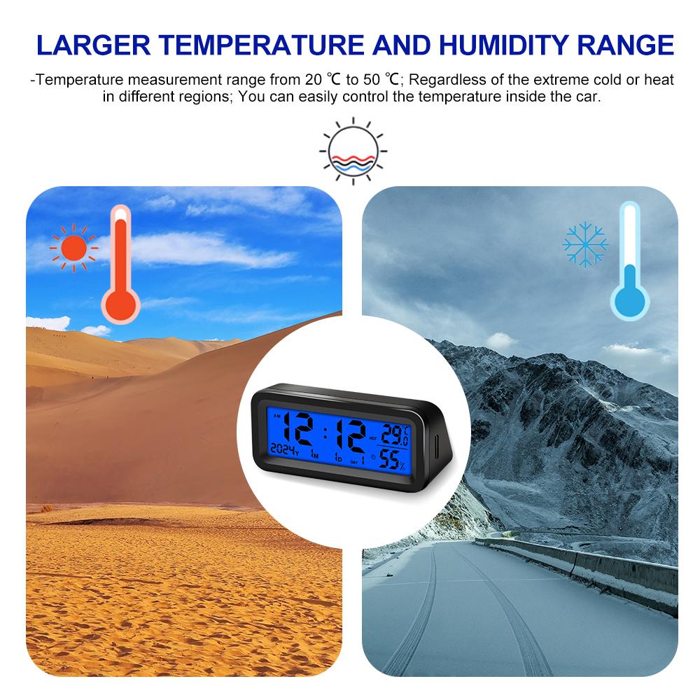 Multi-Color Digital Car Clock Thermometer - LCD Temperature Humidity Gauge with Suction Mount S78