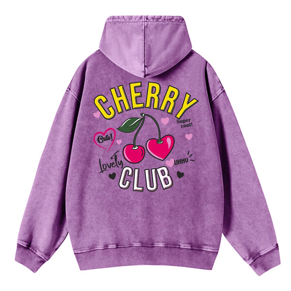 Street Women Washed Hoodie Cherry Club Cute Cartoons Print Sweatshirt Retro Oversize Cotton Pullovers Casual Couple