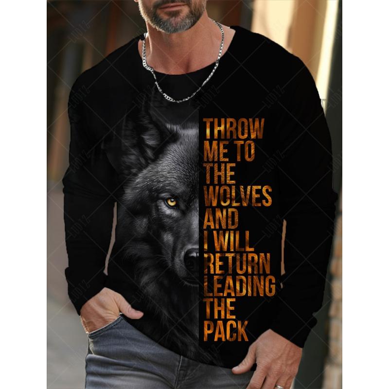 T-shirt a maniche lunghe da uomo vintage Camicie con stampa 3d Moda Animale Lupo Grafica Abbigliamento Maglie a manica Uomo Top streetwear oversize