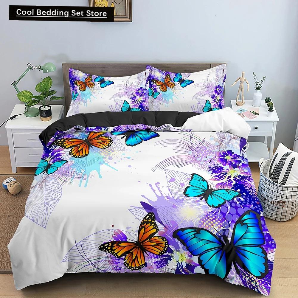 Butterfly Duvet Cover King Queen Size Animal Floral Bedding Set for Teens Adults Beautiful Flower 23pcs Polyester Quilt Cover
