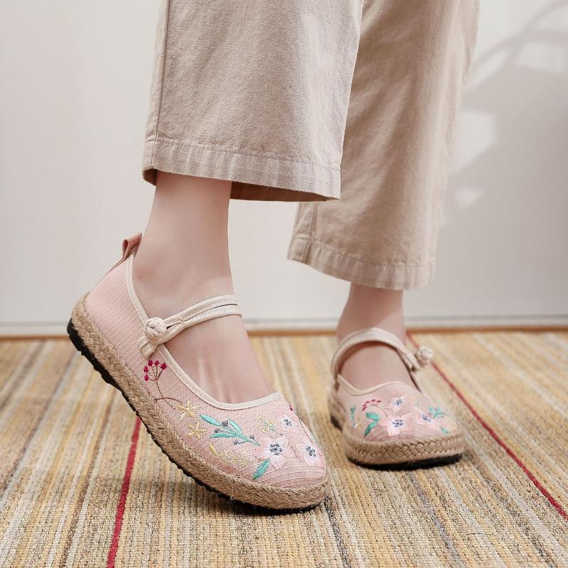 Spring Autumn New In Stylish Aesthetic Casual Linen Embroidery Women's Flat Shoes High Quality Comfortable 39 Ladies Footwear