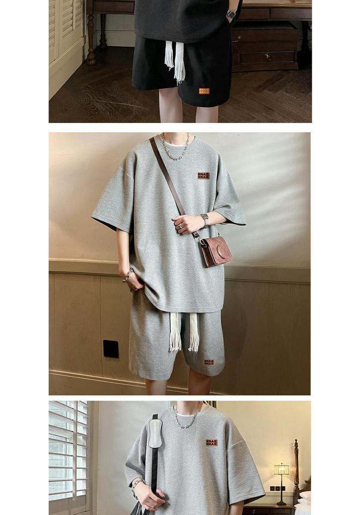 Men's Hong Kong Style Waffle Summer Set - 240g Heavyweight Short Sleeve Sporty Two-Piece
