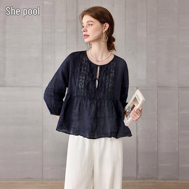 TAICHI Women s Ramie Round Neck Tie-Front Blouse L темно-синий