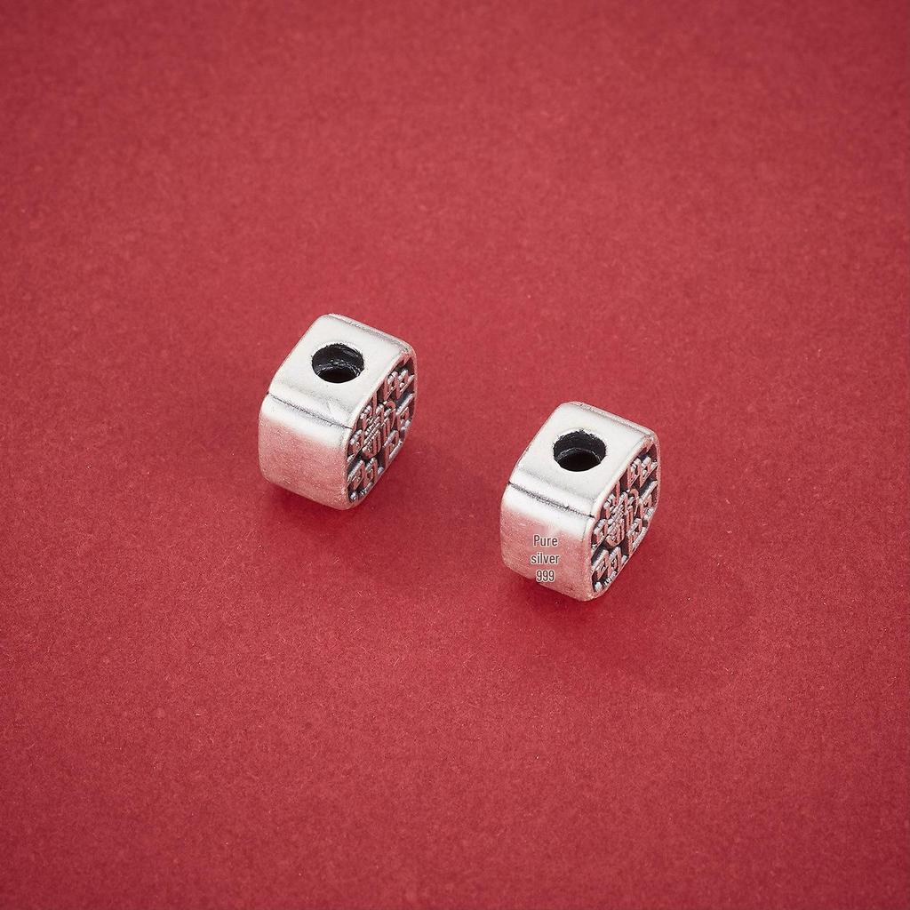 S999 Sterling Silver Retro Double-Sided Fu Spacer Bead for DIY Braided Rope Bracelet & Beaded Necklace Jewelry.