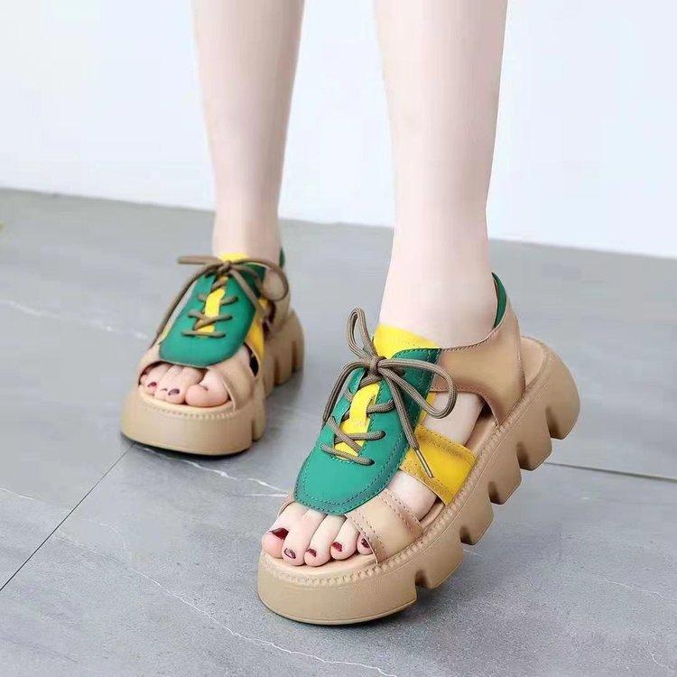 Women Leather Thick Soles Sandals Retro Wedges Slides Comfortable Outdoor Platform Sandal