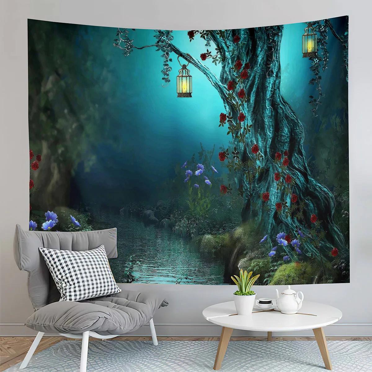 

Волшебный лес Гобелен Фэнтези Растение Дом Гостиная Спальня Настенное Искусство 100x75cm