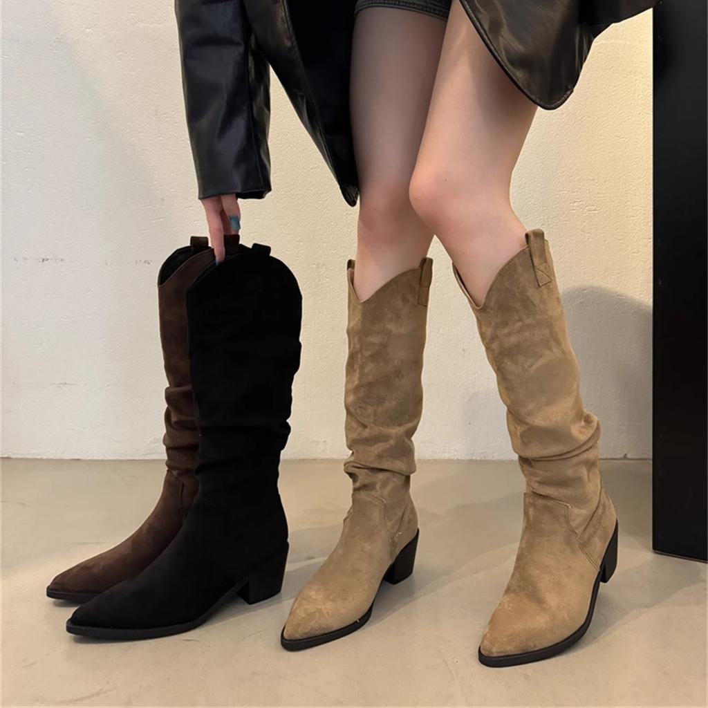 French Retro Coffee Stacked Boots Western Cowboy Boots Summer and Autumn High Boots Women's Boots Small Khaki Boots