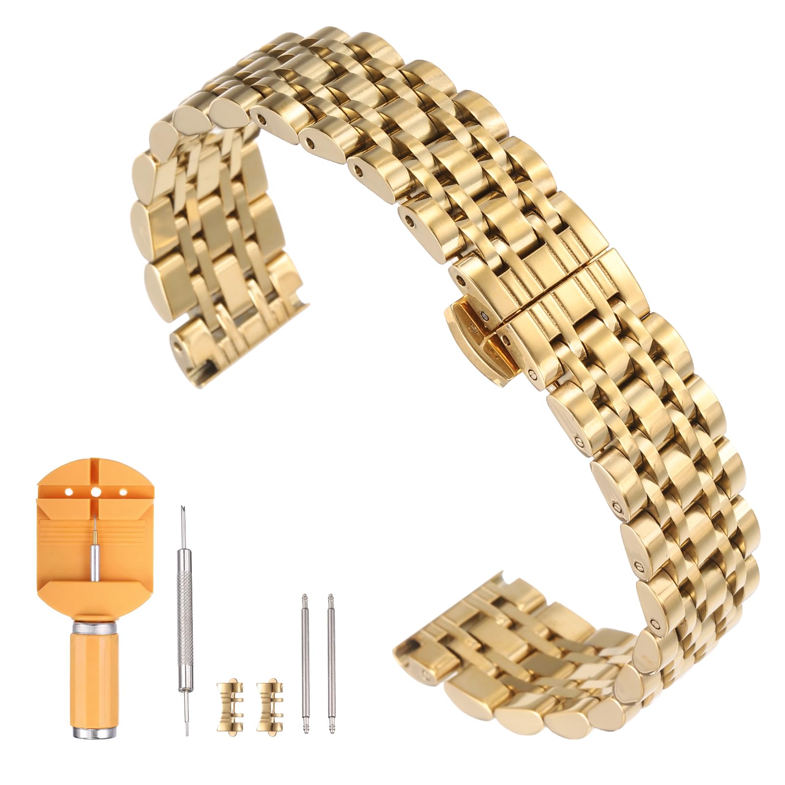 

[uxcell] Stainless Steel Watch Band 18mm Quick Release Metal Polished Butterfly Clasp Replacement Watch Strap with Removal Tool Men s Women s Gold