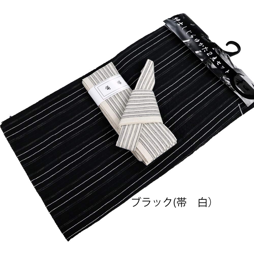 Shoji M33525N Shijira Yukata with and Set [Mitsuhashi Co., Ltd.] Men's Obi, One-Touch Obi, 2-Piece Set, 3-Piece (LL, Black)