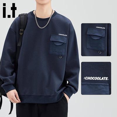:CHOCOOLATEIT Men's Retro Casual Crewneck Pocket Sweatshirt