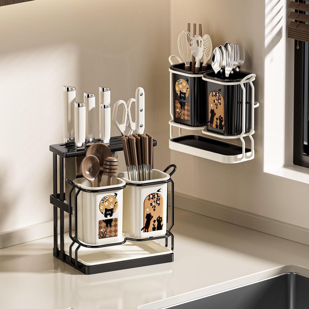 Milk White Kitchen Knife & Cutlery Draining Rack with Chopstick Holder