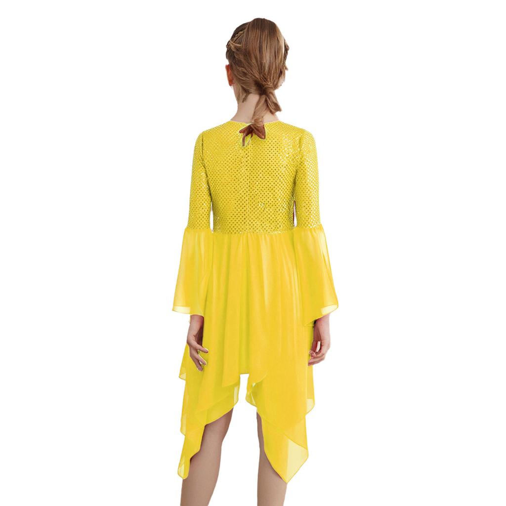 Girls Liturgical Dance Dress Shiny Sequins Patchwork Round Neck Flared Sleeve Asymmetrical Hem Performance Tunic