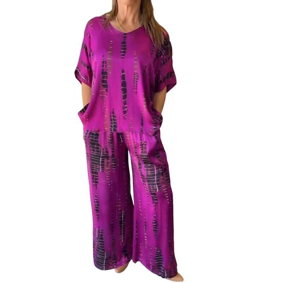 Zweiteiliges Set für Damen in Übergröße, Sommer, lässig, Rundhalsausschnitt, Kurzarm, Oberteil, weites Bein, Hose, Set, lockeres Outfit für Frühling, Sommer, Herbst