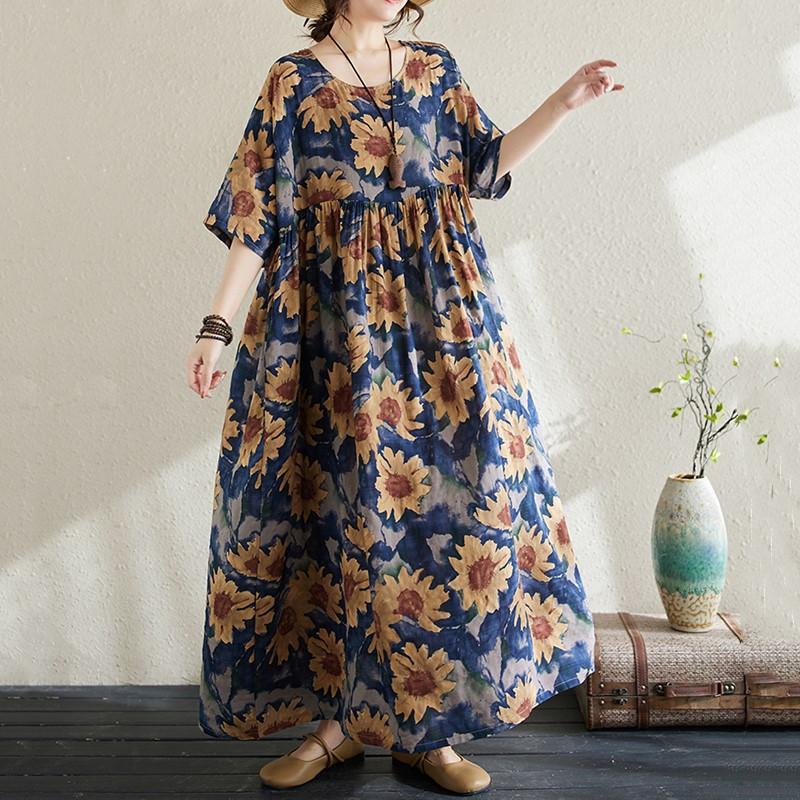 Short Sleeve Plus Size Cotton Vintage Floral New In Dresses for Women Casual Loose Long Summer Dress