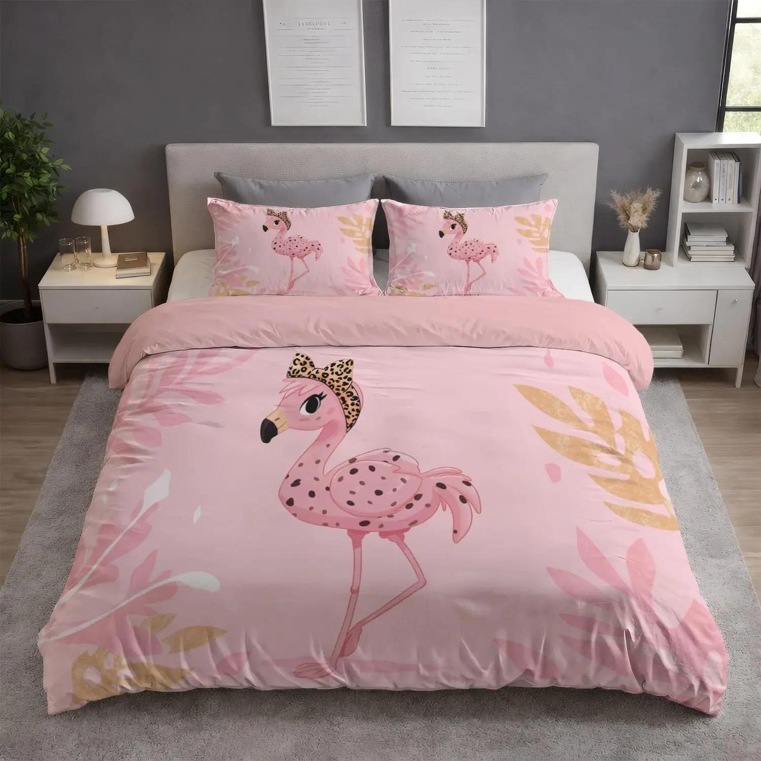 Housse de couette Flamant Rose Animal Tropical Ensemble de literie Housse de couette Florale Pour Filles Enfants Femmes Décor de Chambre à Coucher Housse de couvre-lit 90x200cm 2pcs&Duvet Cover