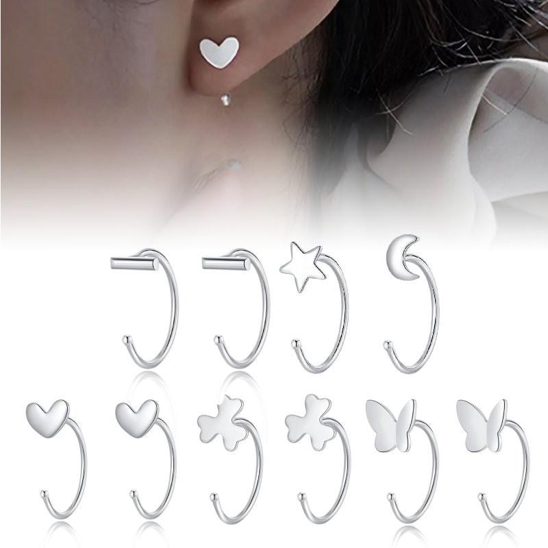 Earrings Silver Women Heart Flower Star Moon Butterfly Shape Decoration Stud