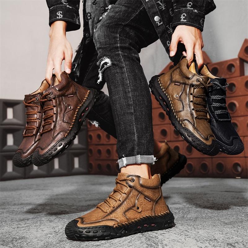 Men's High-top Casual Sneakers Handmade Leather Shoes Plus Size 39-48 Spring & Autumn