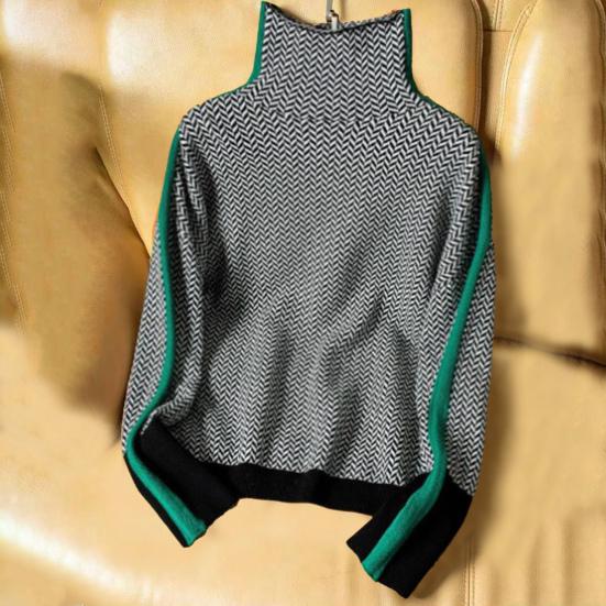 Ženy Podzim Zima Kontrastní barva Svetr Vysoký límec Dlouhý rukáv Sestřihy Design Pletené topy Silný teplý svetr