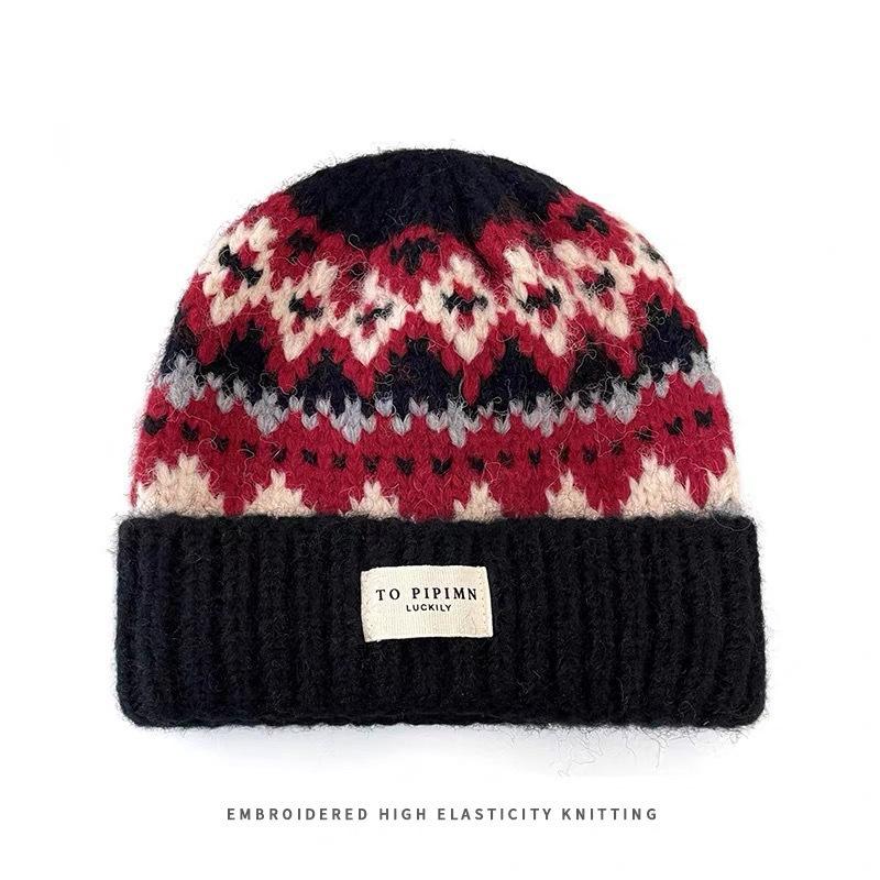 Vintage Fair Isle wollen muts dames herfst en winter verdikt warm winddicht oorbescherming muts gezicht tonend kleine gebreide muts