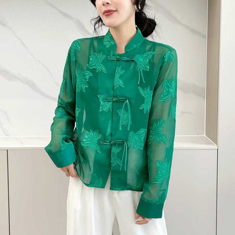 MILU Jassen Dames Doorzichtig Zonbescherming Chinese Stijl Koel Dagelijks Ademend Eenvoudig Vrije Tijd All-match Dames Lente Persoonlijkheid Vintage L groen
