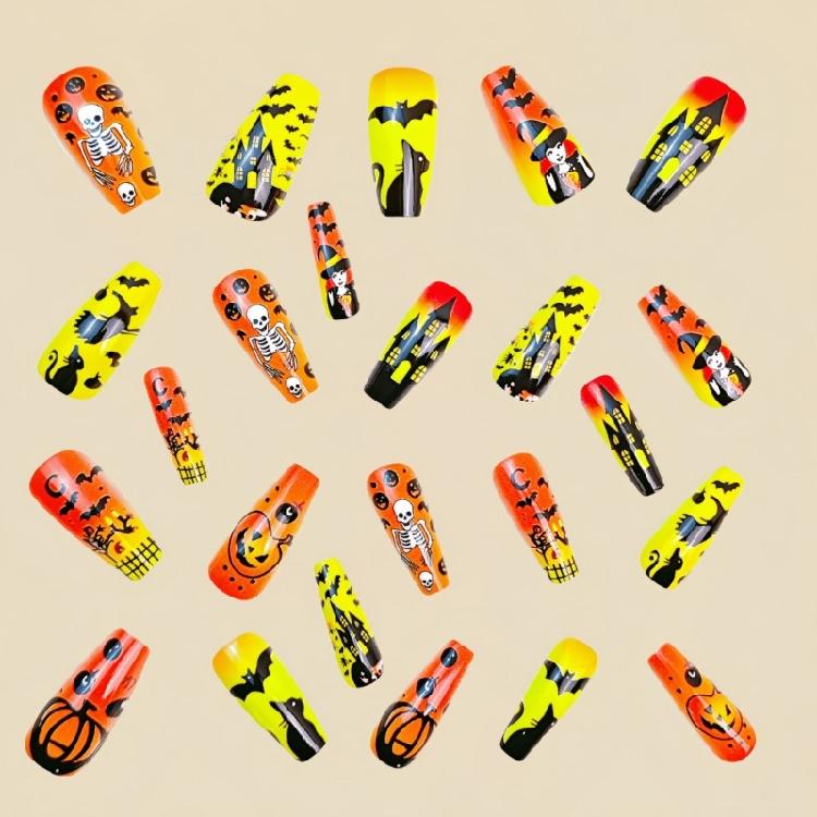 24pc Pumpkin Ghosted Bat False Nail Medium Square Shape ABS Fake Nail Halloween Party Nail Easy Application Design