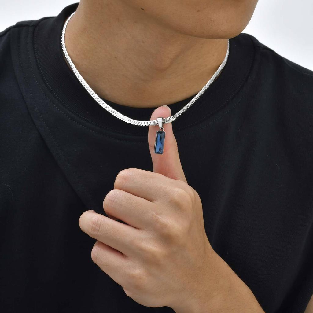 Sea Blue Geometric Pendant Necklace for Men Boys,Stainless Steel Blade Flat Cuban Chain Collars,Hip Hop Cool Jewelry Gift