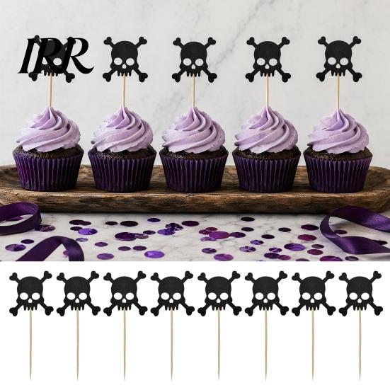 Glitter Black Cake Topper 8 Pcs Halloween Cupcake Picks, Spooky Skull Party Accessory Toppers, Gothic Birthday Decoration for Supplies