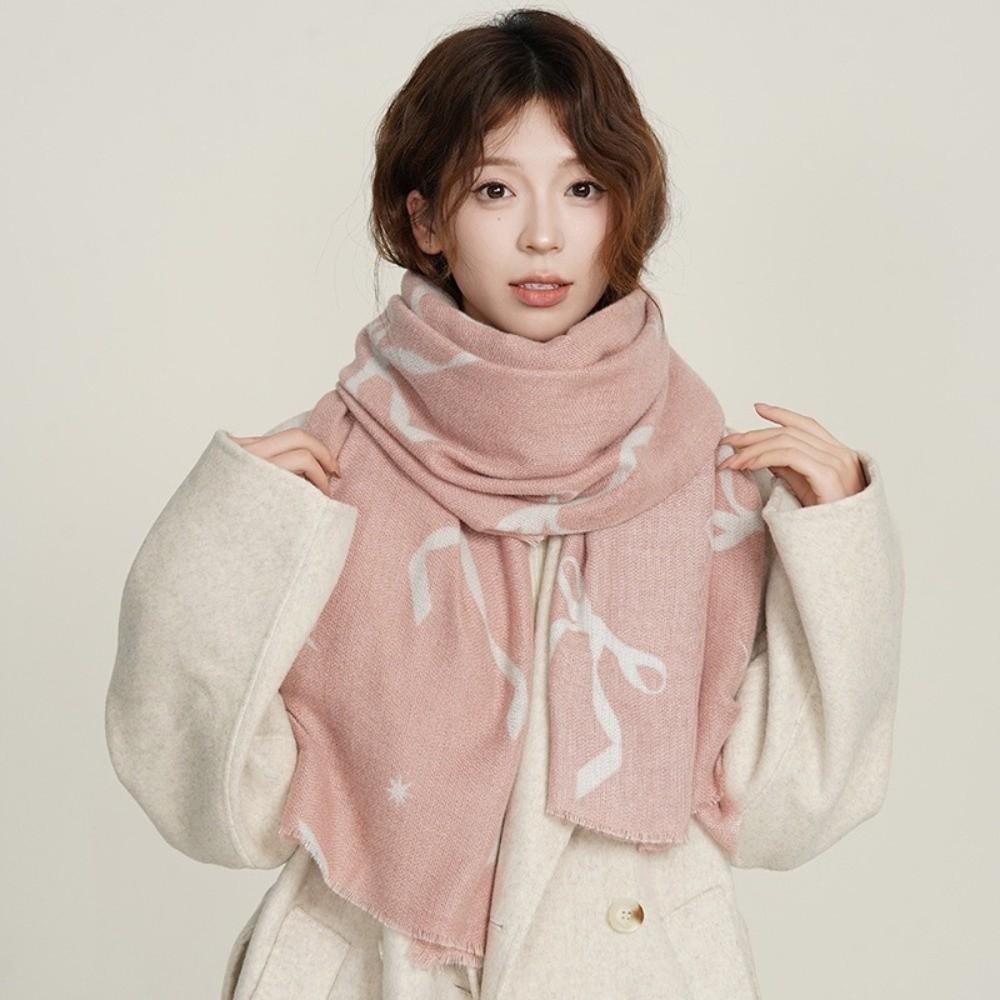 Thicken Bow Wool Scarf Printed Women Cashmere Shawl Soft Winter Cashmere Scarves Office