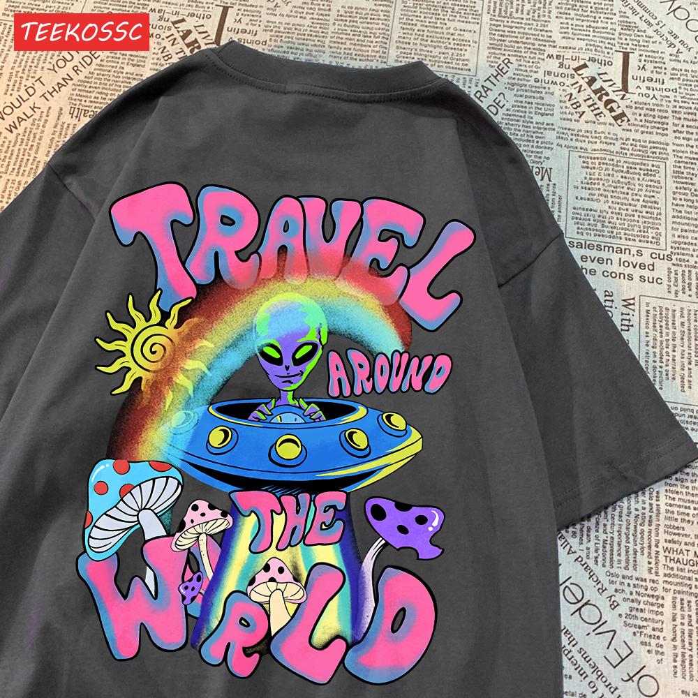 Mode Baumwolle Damen T-Shirts Alien UFO Weltreise Drucke Kurzarm Rundhalsausschnitt Weich Atmungsaktiv Street Damen Kleidung