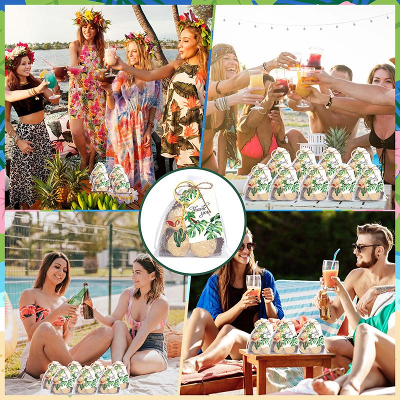 Cute Cactus Keychains Party Decorations With Thank You Tags And White Organza Bags For Mexican Fiesta Hawaii Party Favors