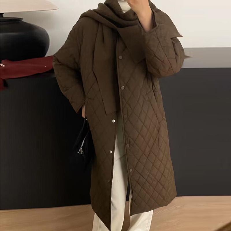 

Корейський легкий розкішний пуховик жіночий довгий зимовий новий до коліна ромбоподібний в язаний шаль тепла куртка великого розміру тренд One size