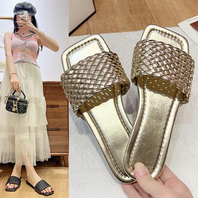Foreign Trade Large Size Flat-bottomed Slippers Women's Outer Wear Casual Simple Solid Color One-word Woven Belt Women's Slippers Slippers