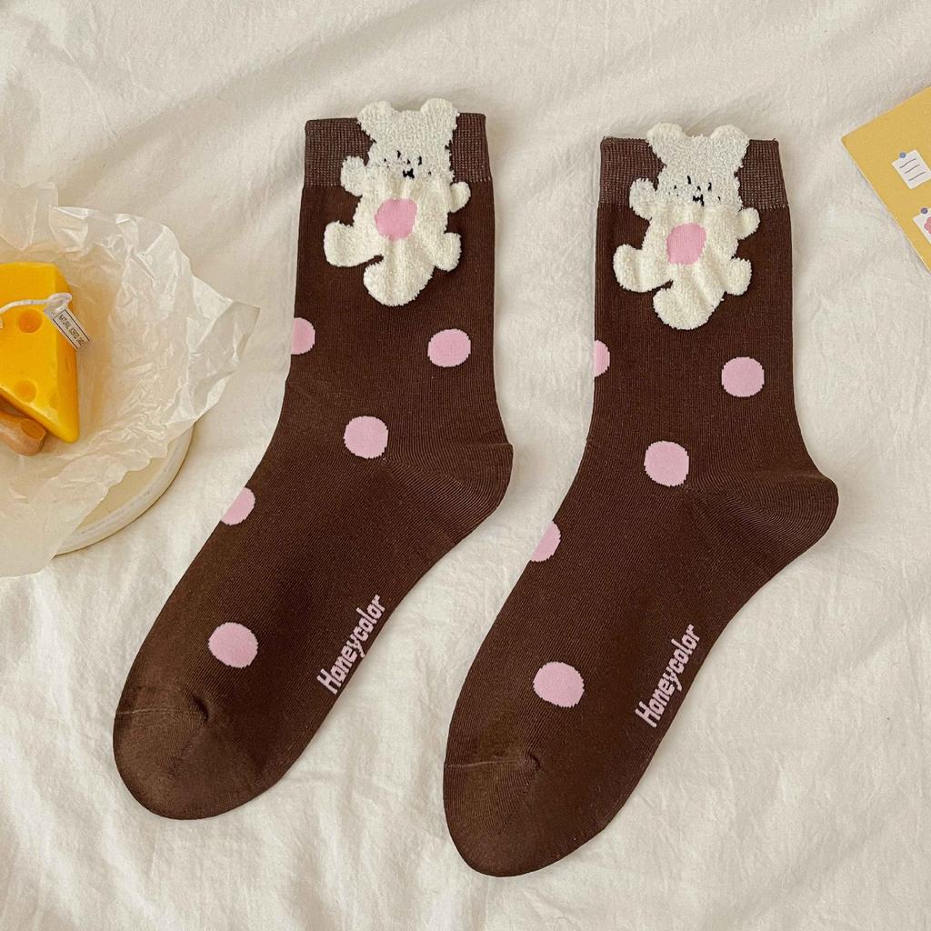 Boneless Socks Medium Tube Socks Flocked Cotton Socks Monsoon Cute Cartoon Bear Sweat-Absorbing Stockings