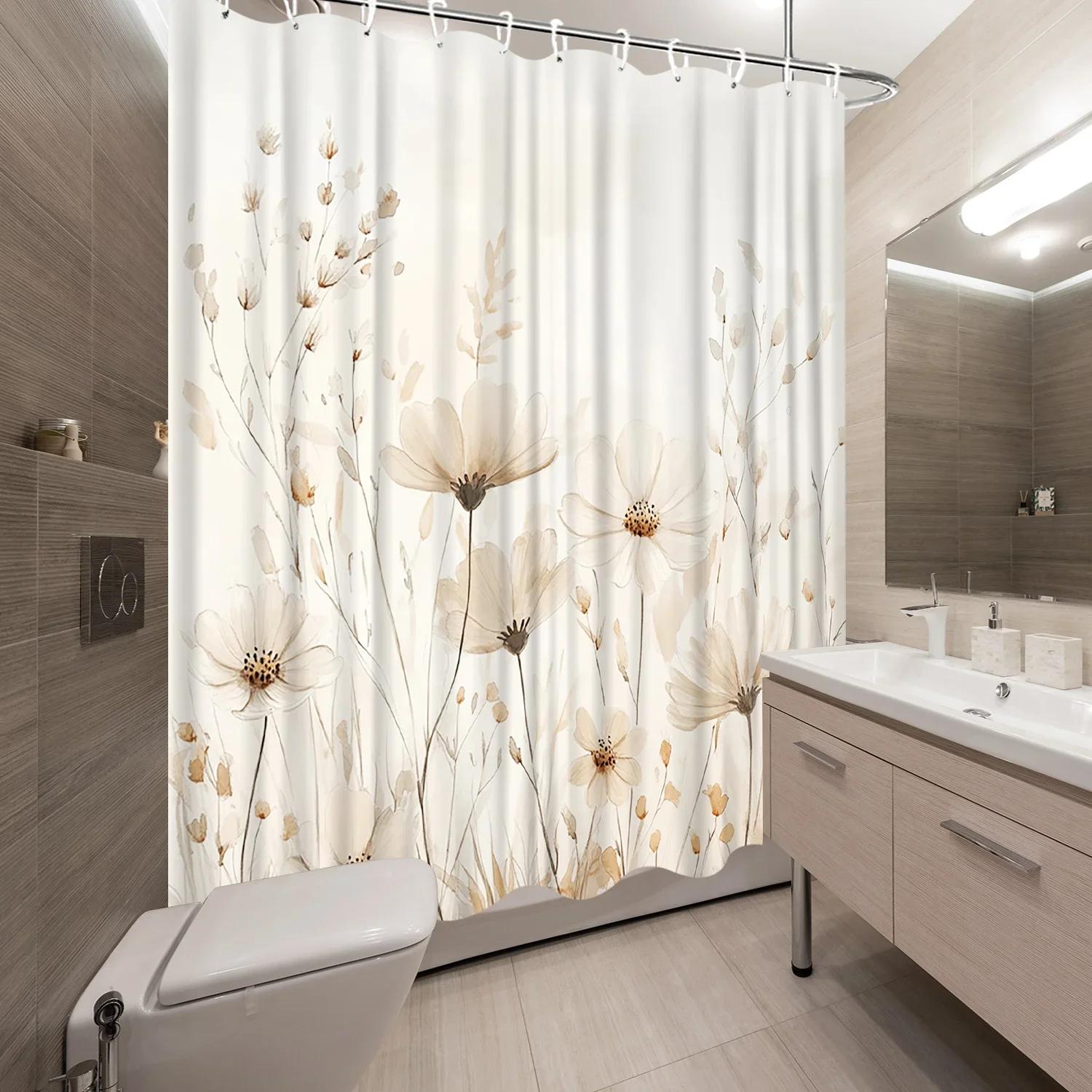 

1Pc Beige Floral Shower Curtain - Cosmos Flowers, Durable Polyester, 12 Hooks, Machine Washable W60H190(CM)-1 Pcs