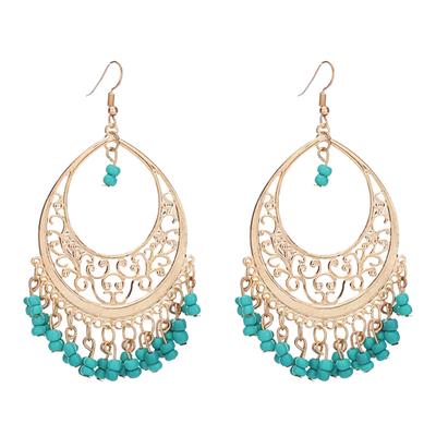 1 Pair Women Hook Vintage Hollow Ethnic Style Exaggerated Earrings Out Beads Waterdrop Shape